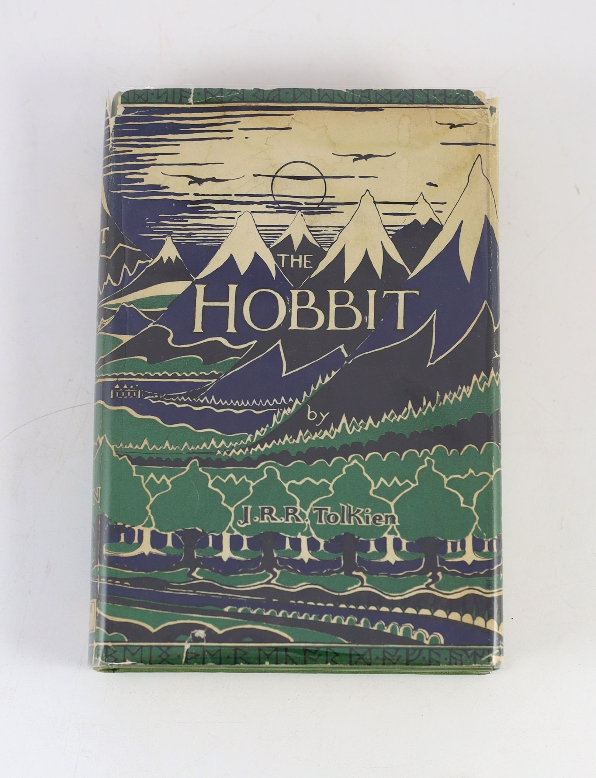 Tolkien, John Ronald Reuel - The Hobbit, 2nd edition, 11th impression, with colour frontispiece, map endpapers, original green cloth in unclipped d/j, with small loss to spine head and foot and a few edge tears, ownershi